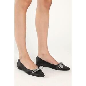 Lulus Bowful Black Satin Rhinestone Pointed-toe Ballet Flats - Size 8.5